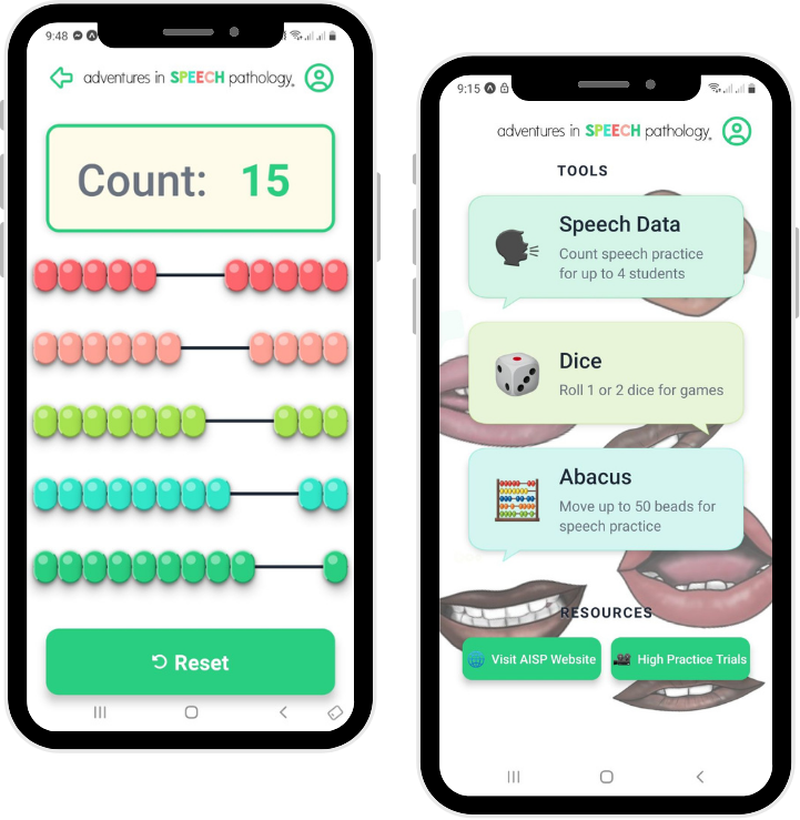 The left screen displays the "Abacus" tool and the right screen shows the main "Tools" menu with options for "Speech Data," "Dice," and "Abacus,"