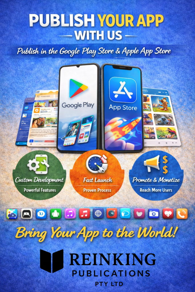 An advertisement for Reinking Publications PTY LTD titled "Publish Your App With Us," featuring two smartphones displaying the Google Play and Apple App Store logos.