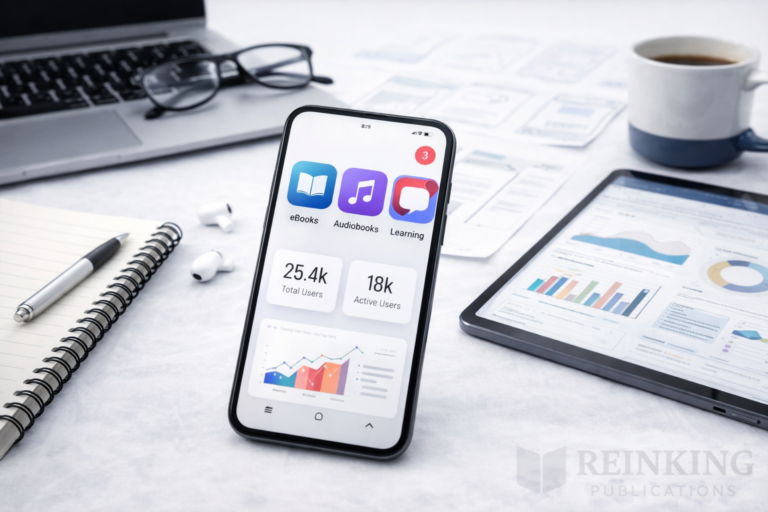 A smartphone displays an educational app dashboard with icons for eBooks and Audiobooks, placed on a desk alongside a tablet, laptop, and notebook.